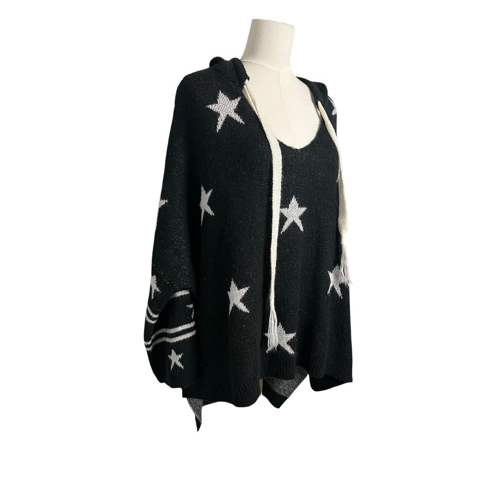 POL Black White Star Hooded Oversized Sweater Hooded Tunic Size Small Boho Indie - Picture 2 of 8